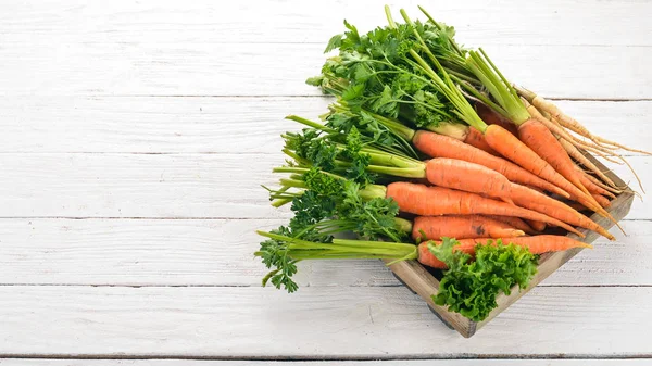 Fresh Carrots Wooden Box Wooden Background Top View Copy Space — Stock Photo, Image