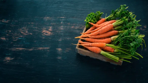 Taze havuç mezarda. Ahşap bir arka plan üzerinde. Üstten görünüm. Kopya alanı.