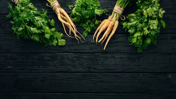 Fresh green parsley. Root parsley. On a wooden background. Top view. Copy space.