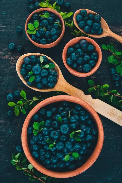 Baies Fraîches Bleuets Sur Fond Bois Vue Dessus Espace Libre — Photo