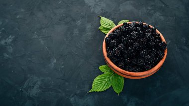 Taze böğürtlen bir tabak içinde. Siyah bir arka plan üzerinde. Üstten görünüm. Metin için boş alan.