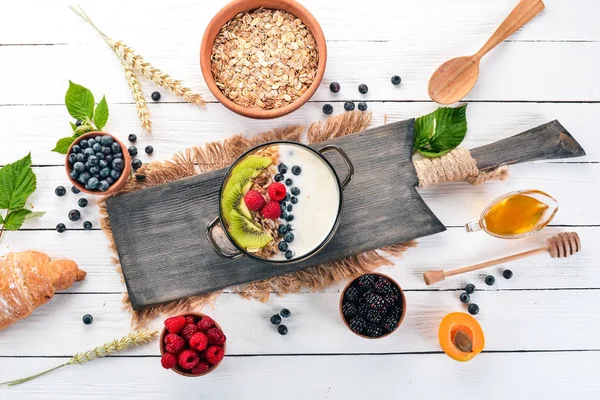 Haferflocken Mit Joghurt Und Früchten Und Beeren Kiwi Blaubeere Himbeere — Stockfoto