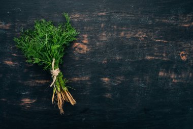 Taze dereotu. Baharatlar, çeşnilikler. Organik gıda. Siyah bir arka plan üzerinde. Üstten görünüm. Metin için boş alan.