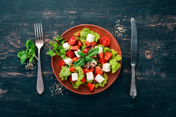 Salad Plate Feta Cheese Cherry Tomatoes Paprika Lettuce Healthy Food — Stock Photo, Image