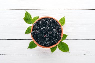 Taze böğürtlen bir tabak içinde. Beyaz bir arka plan üzerinde. Üstten görünüm. Metin için boş alan.