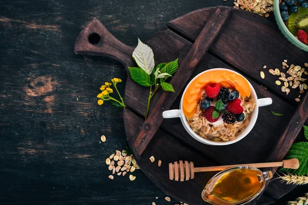 Oatmeal Apricots Blueberries Breakfast Wooden Background Top View Free Space — Stock Photo, Image