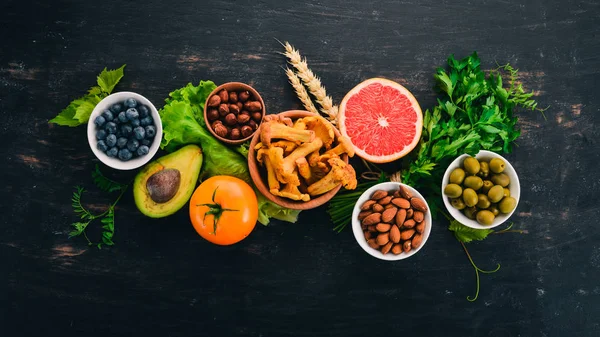 Gezonde Voeding Schoon Eten Selectie Groenten Fruit Noten Bessen Paddestoelen — Stockfoto