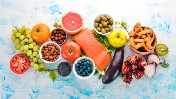 Set Healthy Food Fish Nuts Protein Berries Vegetables Fruits White — Stock Photo, Image