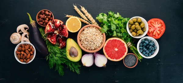 Egészséges Ételek Tiszta Táplálkozás Kiválasztása Zöldség Gyümölcs Dió Bogyók Gomba — Stock Fotó