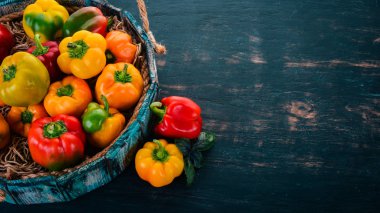 Renkli biber mezarda. Üstten görünüm. Siyah bir arka plan üzerinde. Metin için boş alan.