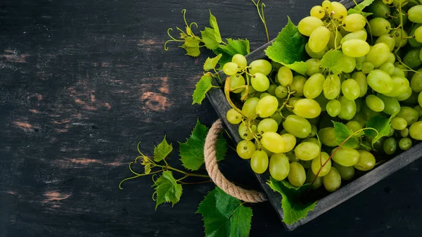 Üzüm mezarda. Üzüm yaprakları. Üstten görünüm. Siyah bir arka plan üzerinde. Metin için boş alan.
