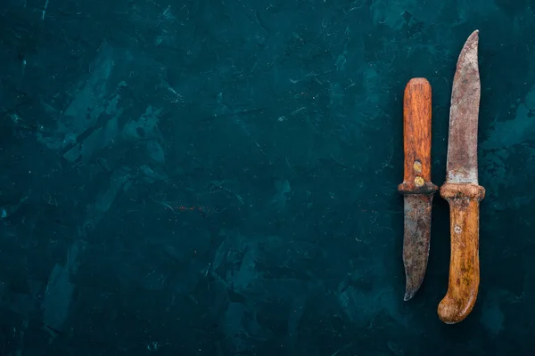 Cuchillo Viejo Utensilios Cocina Espacio Libre Para Texto Vista Superior — Foto de Stock