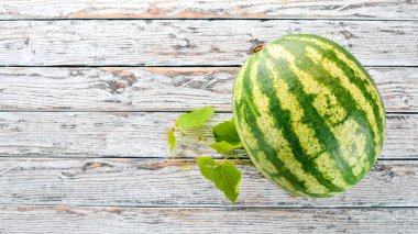 Taze karpuz. Kavun. Beyaz ahşap zemin üzerinde. Metin için özgür yer. Üstten görünüm.