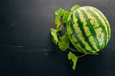 Taze karpuz meyve. Kavun. Siyah ahşap arka plan üzerinde. Metin için özgür yer. Üstten görünüm.