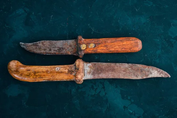 Old knife Kitchen utensils. Free space for text. Top view.