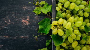 Üzüm mezarda. Üzüm yaprakları. Üstten görünüm. Siyah bir arka plan üzerinde. Metin için boş alan.