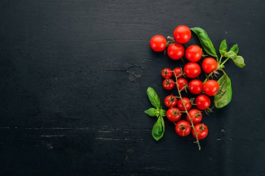 Bir dal taze kiraz domates. Üstten görünüm. Masanın üstünde. Metin için boş alan.