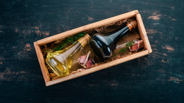 Olivenöl Und Sojasauce Glas Gewürze Und Soße Ansicht Von Oben — Stockfoto
