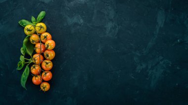 Bir dal taze kiraz domates. Üstten görünüm. Masanın üstünde. Metin için boş alan.