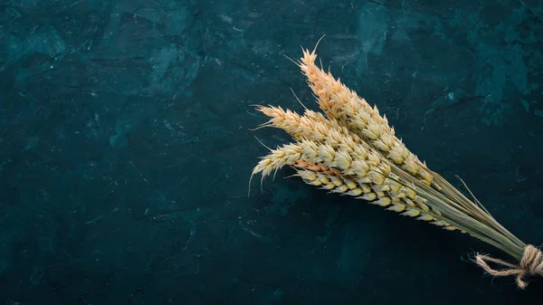 Wheat on a black stone background. Free space for text. Top view.