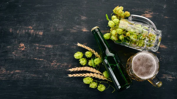 Beer Fresh Hops Black Wooden Background Free Space Text Top — Stock Photo, Image