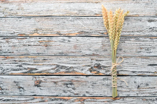 Wheat White Wooden Background Free Space Text Top View — Stock Photo, Image