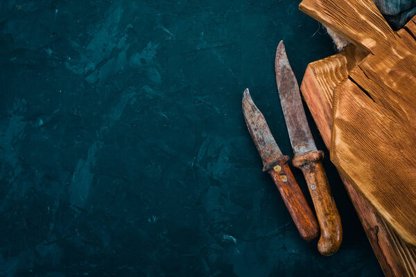 Old knife Kitchen utensils. Free space for text. Top view.