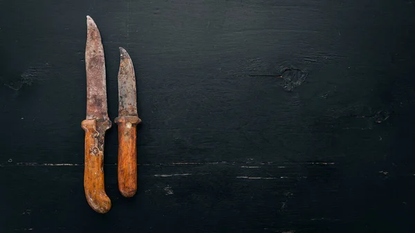 Alte Messer Küchenutensilien Freiraum Für Text Ansicht Von Oben — Stockfoto