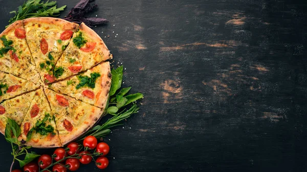 Pizza Cherry Tomatoes Suluguni Cheese Basil Italian Cuisine Wooden Background — Stock Photo, Image
