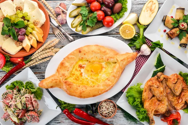 A set of food. Georgian cuisine. On a white wooden background. Free space for text. Top view. — Stock Image Set Food Georgian Cuisine White Wooden Background Free Space Text Royalty Free Stock Photos