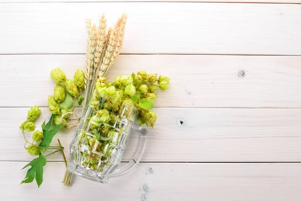 Hops Wheat Glass Beer Old Wooden Table Free Space Text — Stock Photo, Image