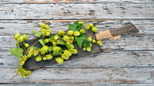 Hops Old Wooden Background Free Space Text Top View — Stock Photo, Image