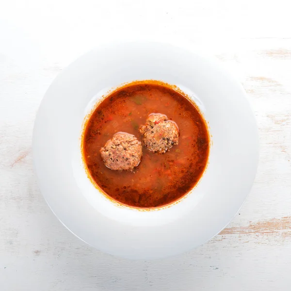 Vegetable soup with meat balls. On the old wooden background. Free space for text. Top view. — Stock Image Vegetable Soup Meat Balls Old Wooden Background Free Space Text Royalty Free Stock Images