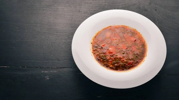 Gemüsesuppe Kharcho Auf Dem Alten Holzgrund Freiraum Für Text Ansicht — Stockfoto