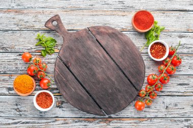 Gıda arka plan. Yemek. Eski arka plan üzerinde. Ücretsiz kopya alanı. Üstten görünüm.