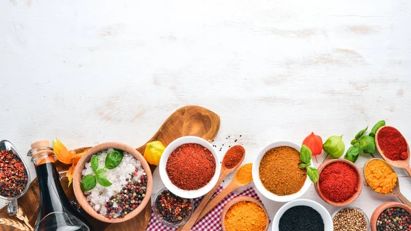 Set Spices Herbs White Wooden Table Basil Pepper Saffron Spices — Stock Photo, Image
