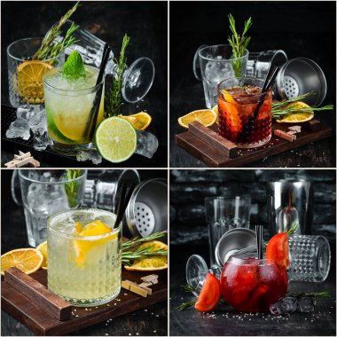 Fotoğraf kolaj alkollü renkli kokteyller ve içecekler. Üst görünüm.