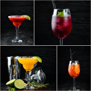 Fotoğraf kolaj alkollü renkli kokteyller ve içecekler. Üst görünüm.