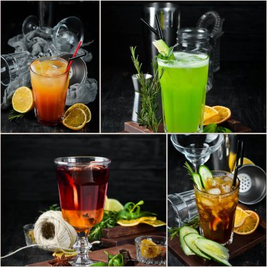 Fotoğraf kolaj alkollü renkli kokteyller ve içecekler. Üst görünüm.