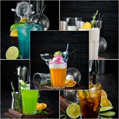 Fotoğraf kolaj alkollü renkli kokteyller ve içecekler. Üst görünüm.