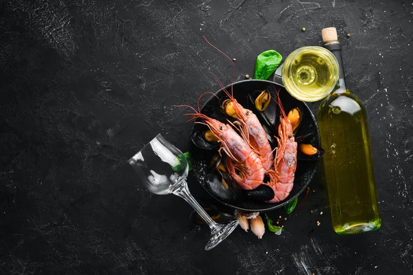 Bottle Wine Seafood Top View Free Space Your Text Old — Stock Photo, Image