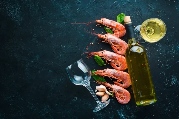 Shrimp Bottle White Wine Top View Free Space Your Text — Stock Photo, Image
