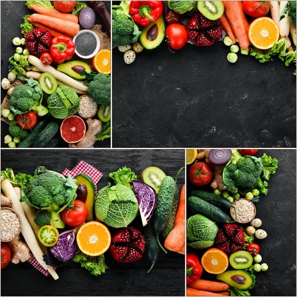 Photo Collage Fresh Vegetables Fruits Organic Food Top View — Stock Photo, Image