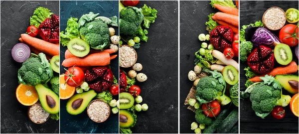 Foto Collage Färska Grönsaker Och Frukter Ekologisk Mat Ovanifrån — Stockfoto
