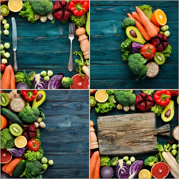 Фотоколаж Свіжі Овочі Фрукти Органічна Їжа Вид Зверху — стокове фото