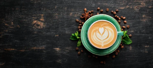 Cappuccino Coffee Milk White Wooden Background Top View Free Copy — Stock Photo, Image