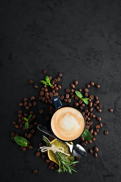 Coffee Milk Cup Cappuccino Black Stone Background Top View Free — Stock Photo, Image