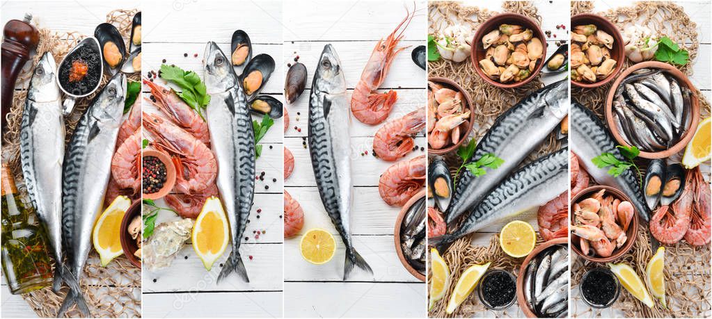 Photo collage seafood. On a white wooden background.