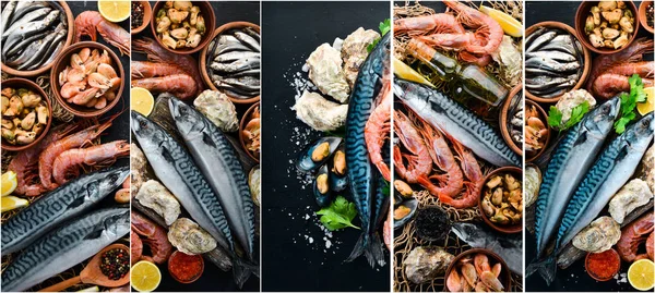 Schaal Schelpdieren Verse Vis Garnalen Oesters Kaviaar Een Zwarte Houten — Stockfoto