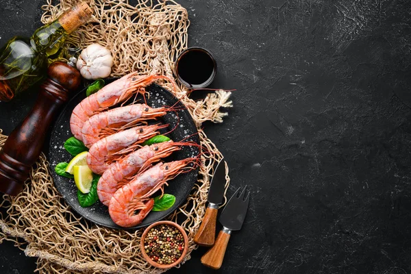 Great Royal Shrimps Plate Tiger Prawns Top View Free Space — Stock Photo, Image